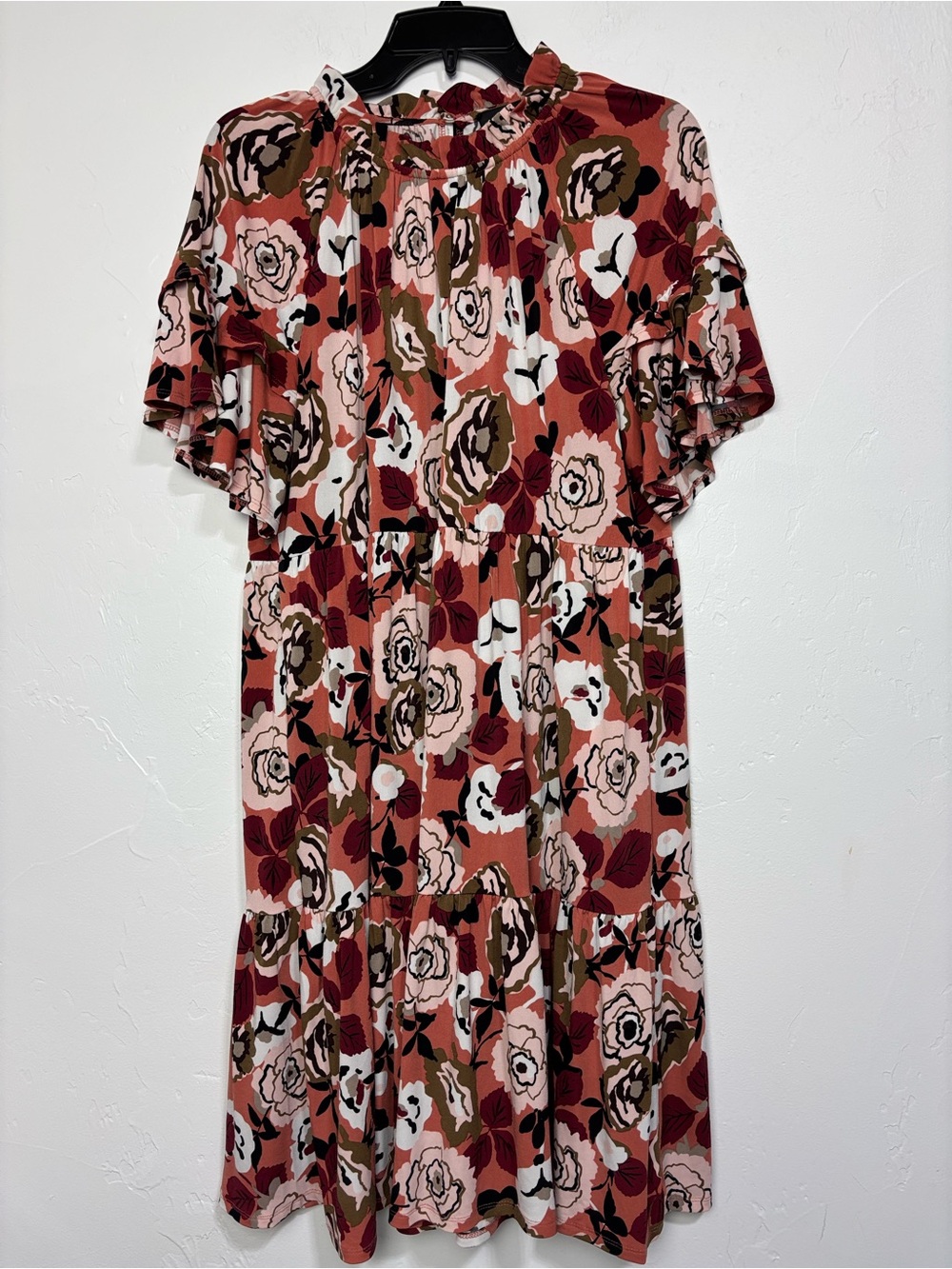 Donna Morgan Women's 10 Floral Ruffle Mock Neck Flutter Sleeve Midi Dress Tiered